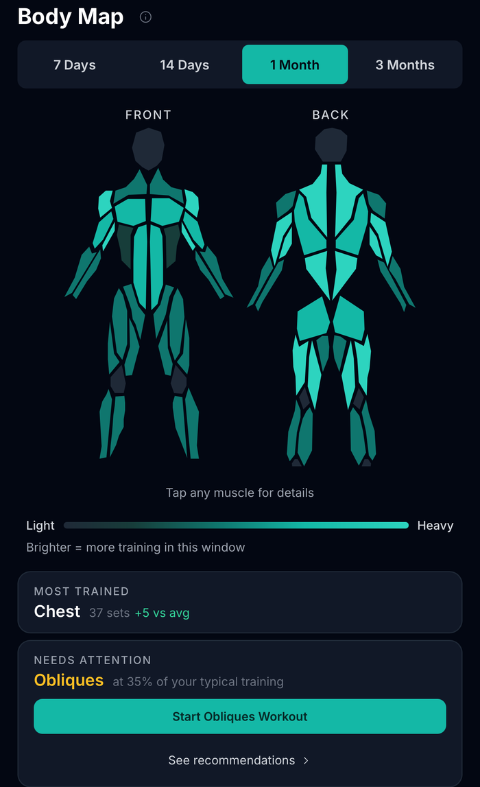 Via Fortis Body Map on the 1 month window. Chest at 37 sets, five above average. Obliques flagged at 35% of typical training.