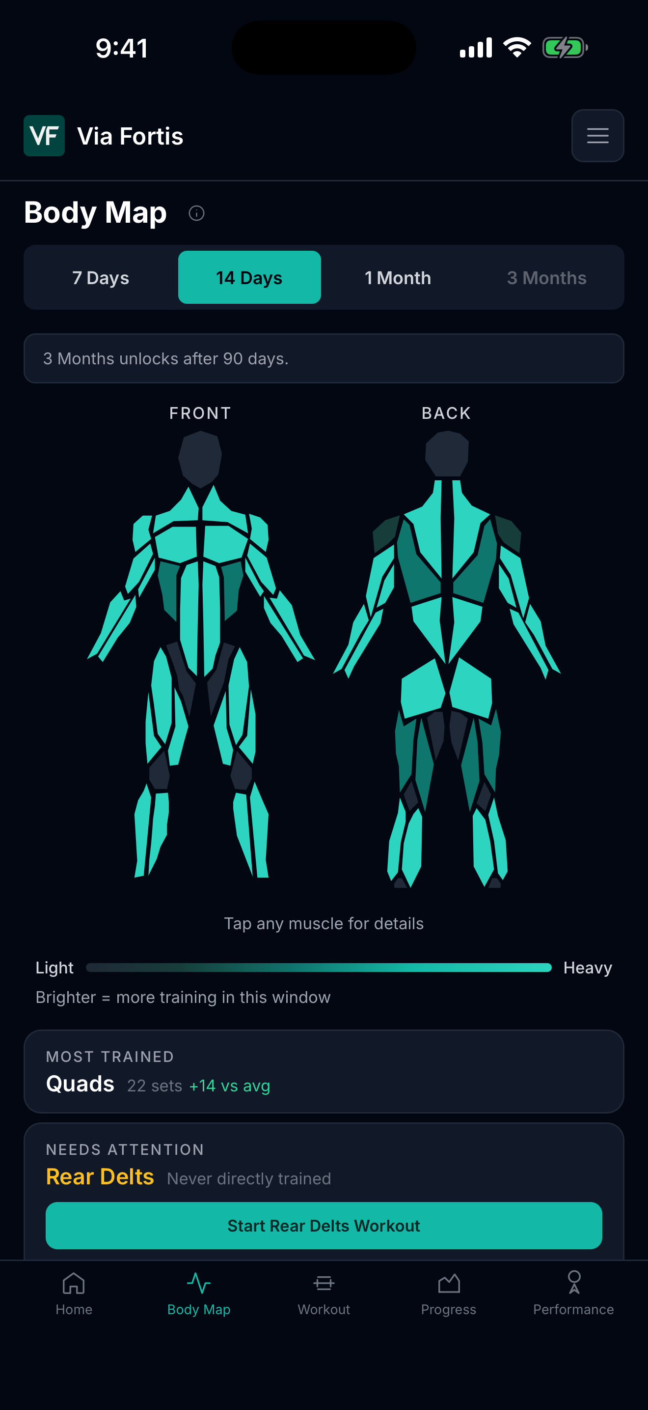 Via Fortis Body Map showing muscle coverage and a rear delts gap.